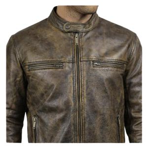 Chaqueta de Motociclista de Cuero Marrón Desgastado Genuino para Hombre, Estilo Vintage Clásico, Corte Ajustado, ODM, Cierre Frontal - Product Image 4