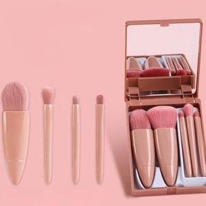 Juego de 5 mini <span class=keywords><strong>brochas</strong></span> de <span class=keywords><strong>maquillaje</strong></span> rosas con <span class=keywords><strong>estuche</strong></span> con espejo, kit de <span class=keywords><strong>brochas</strong></span> cosméticas portátiles de viaje <span class=keywords><strong>para</strong></span> base y sombra de ojos - Product Image 5