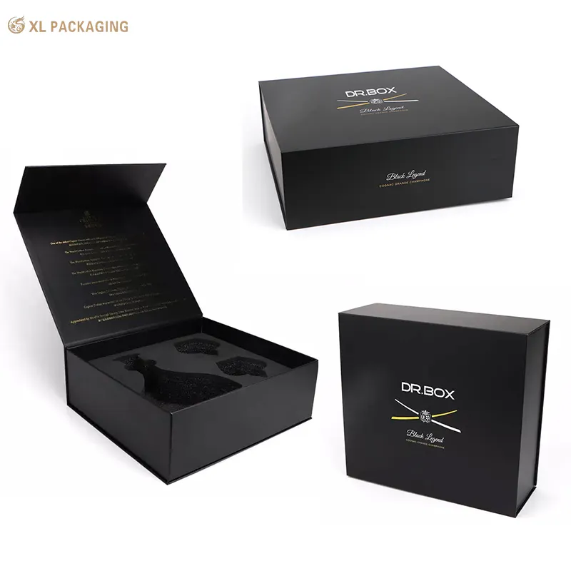 Good Selling OEM Black Magnetic Closure Cosmetic Wine Bottle Packing Paper Box With Foam Insert