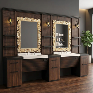 Modern Wood <b>Salon</b> <b>Mirror</b> Station with Gold Frame and Adjustable Multiple <b>Storage</b> Space for Barber Shop Bathroom Furniture - Product Image 4