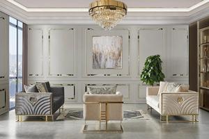 Sofá de Acero Inoxidable Dorado de Lujo Italiano MR, Sofá Moderno para Sala de Estar, Sofá de Tela con Botones Giratorios - Product Image 2