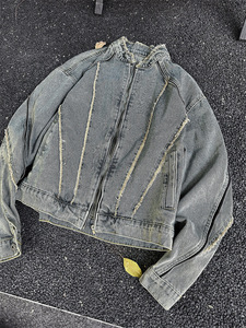Blouson en jean pour <span class=keywords><strong>homme</strong></span>, hiver, style vintage américain, déstructuré, à franges effilochées, délavé, zippé, style urbain, vente en gros, logo personnalisé, haute qualité - Product Image 4