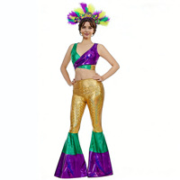 Ensemble de tenue de cosplay Mardi Gras avec pantalon évasé métallisé brillant et crop top 100 % polyester pour femmes adultes, idéal pour la scène et la danse