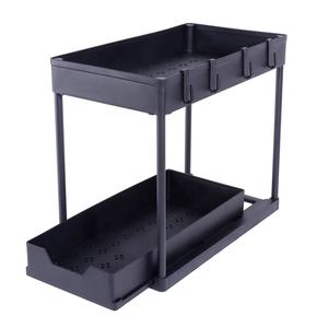 Rak Penyimpanan Serbaguna 2 Tingkat Geser di Bawah Kabinet untuk Dapur dan Kamar Mandi dengan Gantungan Cangkir - Product Image 2