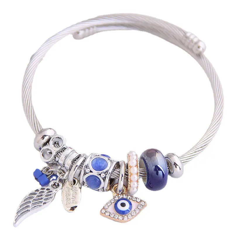 Hobbyworker Alloy Rhinestone Evil With Eye Pendant Angel Wings Charm Glazed Beads Adjustable Bracelet For Girl Gifts T0423