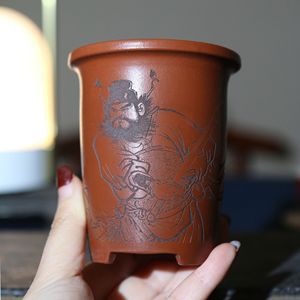 Maceta pequeña de arcilla púrpura tallada a mano para bonsái de escritorio, estilo Zhang Fei, arcilla roja y gris - Product Image 1