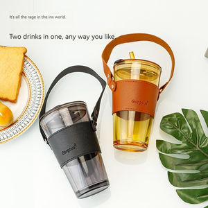 Tasses à café en verre anti-brûlure de 400 ml/450 ml avec paille, manchon en cuir portable et soucoupes à thé avec poignée – Vente en gros - Product Image 6