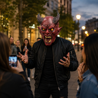 Masque d'horreur en latex de démon cornu rouge, masque intégral effrayant de diable avec yeux jaunes et dents pointues, costume de fête d'Halloween pour cosplay