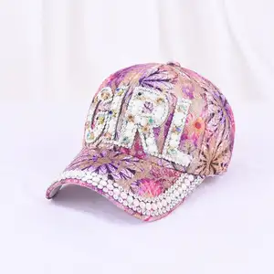 カスタムあなた自身のデザイン光沢のあるクリスタル女性アウトドアスポーツ帽子ファッションキラキラ野球帽