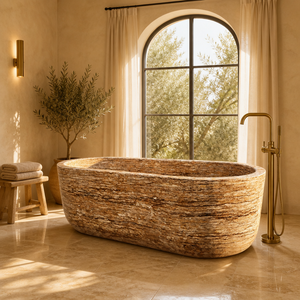 <span class=keywords><strong>Vasca</strong></span> <span class=keywords><strong>da</strong></span> bagno autoportante <span class=keywords><strong>in</strong></span> travertino multicolore marrone crema Wabi-sabi, intagliata per progetti <span class=keywords><strong>da</strong></span> <span class=keywords><strong>giardino</strong></span> e a bordo piscina - Product Image 1