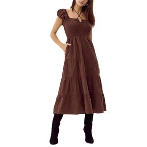 เดรสยาวปานกลางสีพื้นแบบสั่งทำรุ่นใหม่ปี 2025 ผ้าป๊อปลิน ช่วงตัวเสื้อแบบสม็อค แขนสั้น ผ้าฝ้าย ชุดลำลองฤดูร้อนสำหรับผู้หญิง - Product Image 1