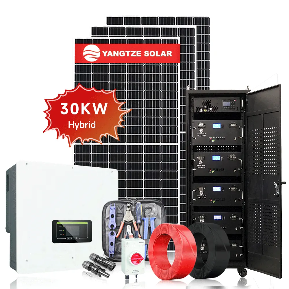 Sistema de energía doméstica de red híbrida Yangtze de 30KW con panel solar mono de 750W, batería de iones de litio de 30V, montaje en tierra para techo