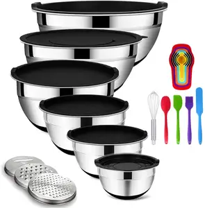 20 PCS Non slip Large Capacity Airtight Lid Deep Kitchen non slip pe Stainless Steel Baking Salad Mixing Bowls Set