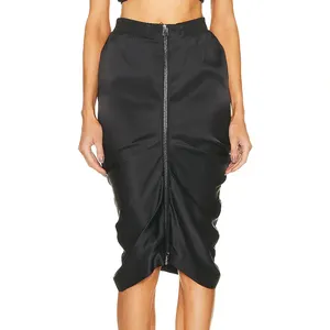 Women'S Fashion Midi Long Pencil Bodycon Cotton Dress Skirt Zipped Gathered Skirt