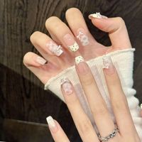 Faux ongles à presser pour femmes, rose et blanc, motif gingham, French manucure, avec nœud décoratif, pour pique-nique, style coquette et doux
