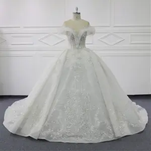 Chinese Factory High Quality Ball Gown Handwork Beading Wedding Dresses 2024 Lace Up Wholesale Price MK313 Short Sleeves