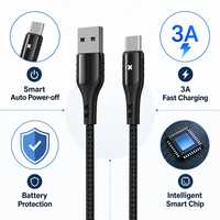 Kabel Data Desain Baru LED Auto Power-off USB A ke USB C dengan Layar LED, Kabel USB A ke C Berbahan Nilon Kepang 3A