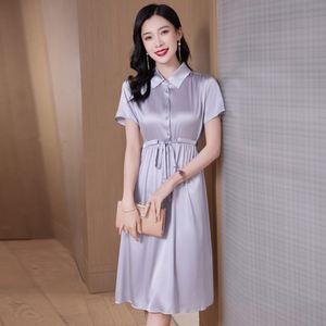 ชุดเดรสผ้าซาตินผ้าไหมหนาสำหรับผู้หญิง, ใหม่ฤดูร้อนแขนสั้นลำลองทรงเอยาวปานกลางชุดเดรสเอวรัดเอวที่สง่างามสำหรับสุภาพสตรีขนาดใหญ่พิเศษ - Product Image 1