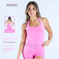 En stock : Ensemble de yoga pour femme, haut halter à larges bretelles et short, séchage rapide, avec coussinets de poitrine