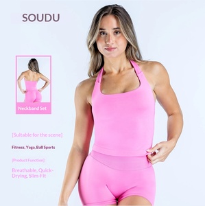 In Stock for Solid Quick Dry Yoga <strong>Clothes</strong> Wide Strap Halter Top Shorts Set with Chest Pad for <strong>Women</strong> - Product Image 1