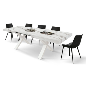 Table à manger effet marbre avec pieds croisés blancs, base en MDF, usage intérieur - Product Image 6