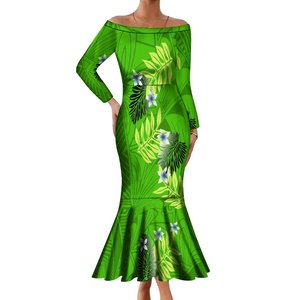 Abito a Sirena Lungo con Stampa Hawaiana Cyathea Dealbata, Maniche Lunghe e Spalle Scoperte, Vestito Polinesiano Personalizzato per Donne - Product Image 4
