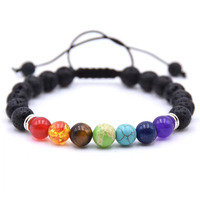 Bracelet de Charme Tressé Perlé, Perles de Pierre Naturelle, Yoga, Guérison Énergétique, Pierre de Lave Volcanique, 7 Chakras, Diffusion d'Ambre, Plaqué Argent
