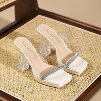 Sandales mules à plateforme pour femmes, avec bride transparente en PVC, strass et talon carré en acrylique transparent, pour fêtes et mariages