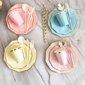 Pink Rose Gold Disposable Party Paper Cups Napkins Plates Sets Dinnerware Paper Plate Tableware