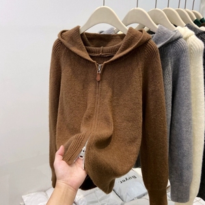 여성용 후드 니트 가디건 지퍼업 긴팔 크림 솔리드 컬러 가죽 지퍼 풀 캐주얼 아우터웨어 - Product Image 2