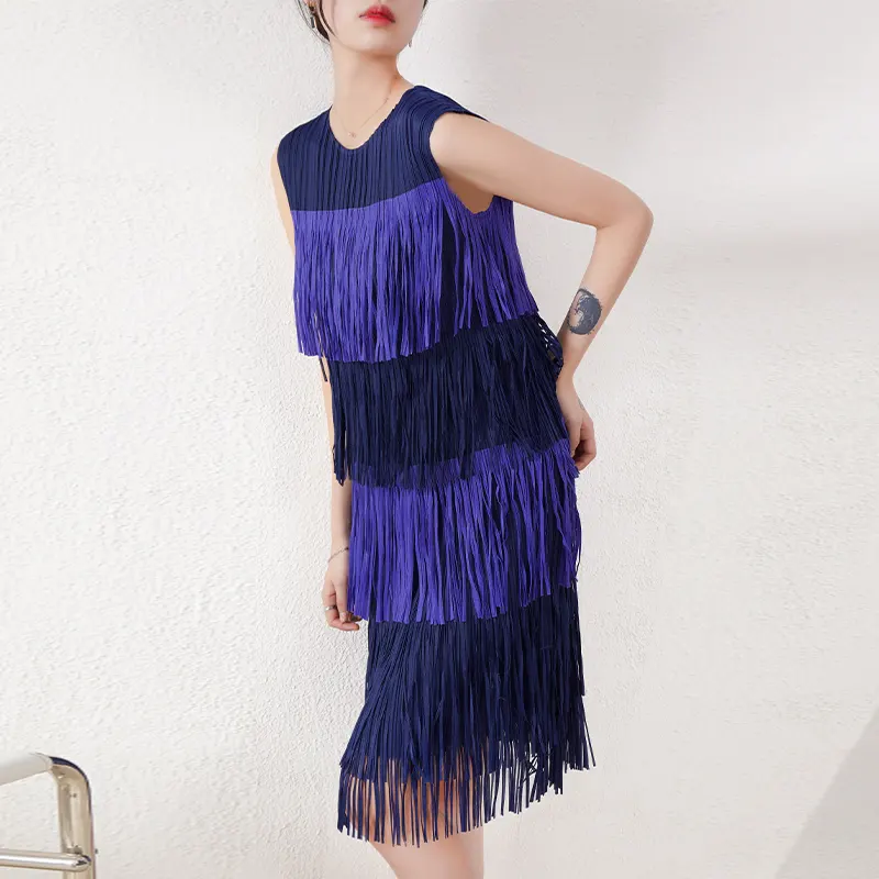 2023 Spring Dress for Women O-neck Solid Color Sleeveless Pleated Tassel Loose Casual Fashion Dresses