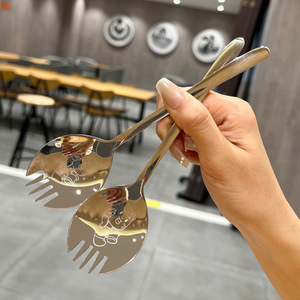 Fourchette et cuillère monobloc en acier inoxydable 304, design de dessin animé Happy Meow pour enfants de 2 à 4 ans, utilisation pour salade et dessert - Product Image 2