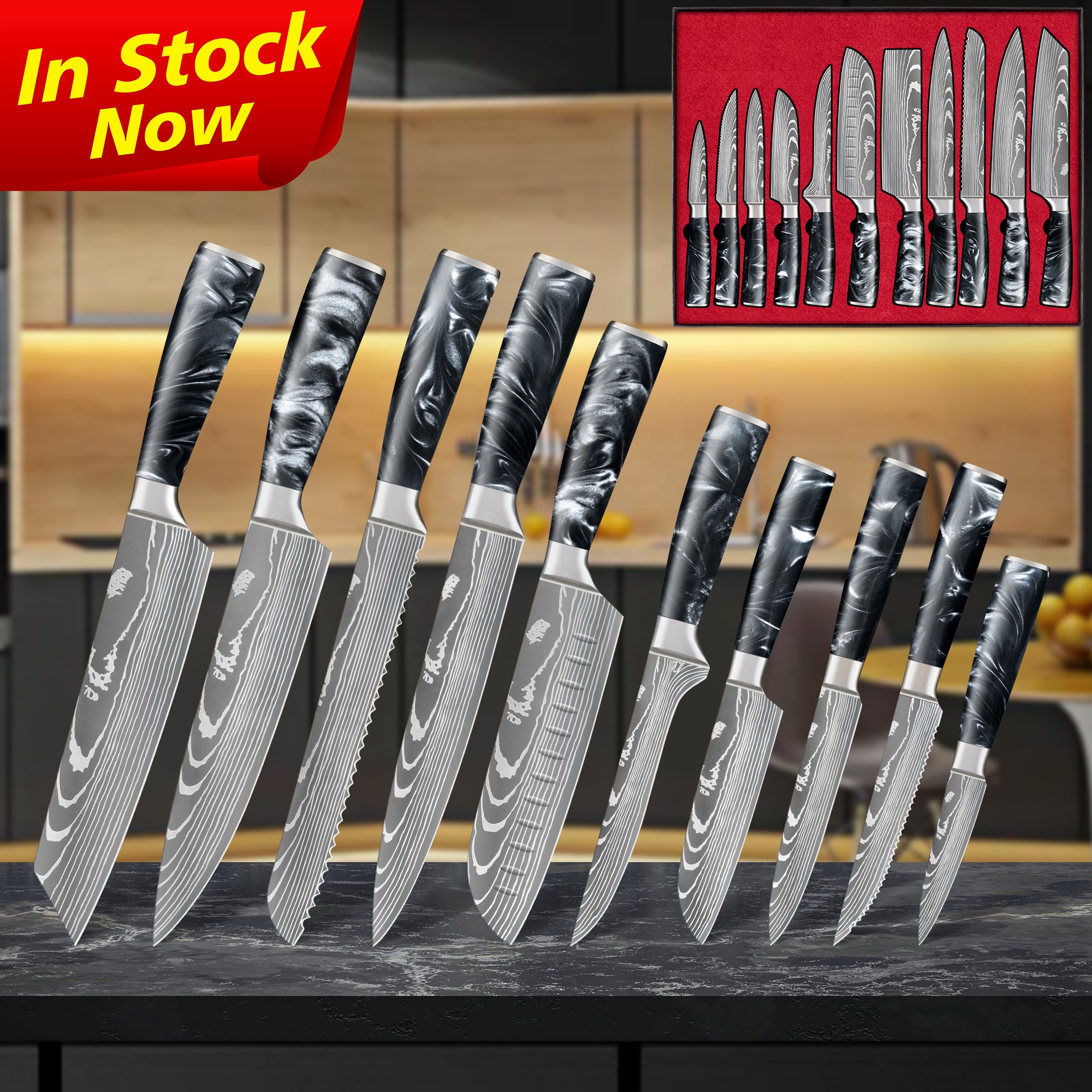 Obsidiaan Zwart Hars Handvat 67 Lagen Vg10 Keukenmessen Rvs Japanse Messen Damascus Koksmes Set Met Doos