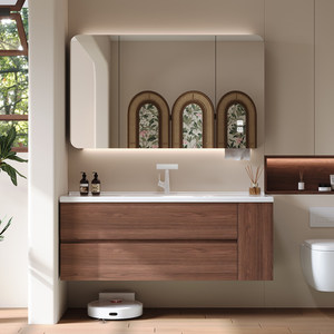 <span class=keywords><strong>Mobile</strong></span> Bagno con <span class=keywords><strong>Lavabo</strong></span> Integrato in Ceramica e Mobiletto in Legno di Noce Anticato, Lavandino - Product Image 1