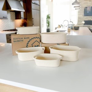 White Cotton <b>Rope</b> Woven <b>Storage</b> <b>Baskets</b> Set Of 5 Rectangle Handmade Toy Organizer For Children And Snacks - Product Image 2