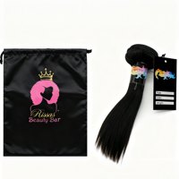 Sacs d'emballage de luxe pour cheveux avec logo personnalisé, extensions de cheveux en satin, perruques, lots, poche de rangement en soie avec cordon de serrage, étiquette suspendue tout-en-un
