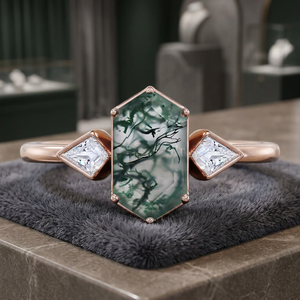 Rose <b>Gold</b> Plated Women's Hexagon Natural Stone <b>Ring</b> With Princess Cut Diamond Side Accents Vintage Engagement Gemstone <b>Ring</b> - Product Image 3