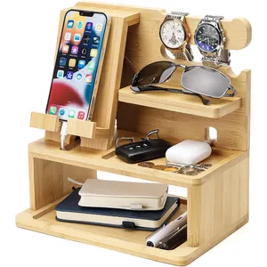 Bamboo Phone Docking Station Wood Charging Station Holder Cell Phone Desk Organizer For Mens Gift Nightstand Organizer Storage