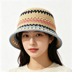 Handmade Crochet Cotton Yarn Bucket Hat Hollow Breathable Four Seasons Sun Hat Unisex Boho Striped Rainbow Knit Fisherman Hat - Product Image 1