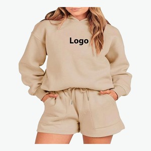 Ensemble 2 pièces pour femme, beige, sweat à capuche et short, coupe ample décontractée, polaire, couleur unie, tenue quotidienne, toutes saisons - Product Image 1