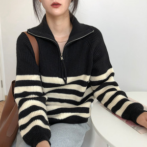 Cardigan en tricot rayé zippé pour femme, taille unique, coupe ample, col montant, style japonais et coréen, printemps automne 2026 - Product Image 1