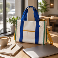 Sac fourre-tout en toile Flying Whale Color Block avec compartiment pour ordinateur portable, porte-bouteille, poches zippées, sac de travail, sac de bureau, sac d'enseignant, personnalisable