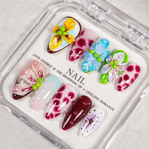 Faux ongles 3D faits main à presser, forme amande moyenne, collection Printemps-Été, style français, motif floral, goutte d'eau, ongles de créateur - Product Image 3