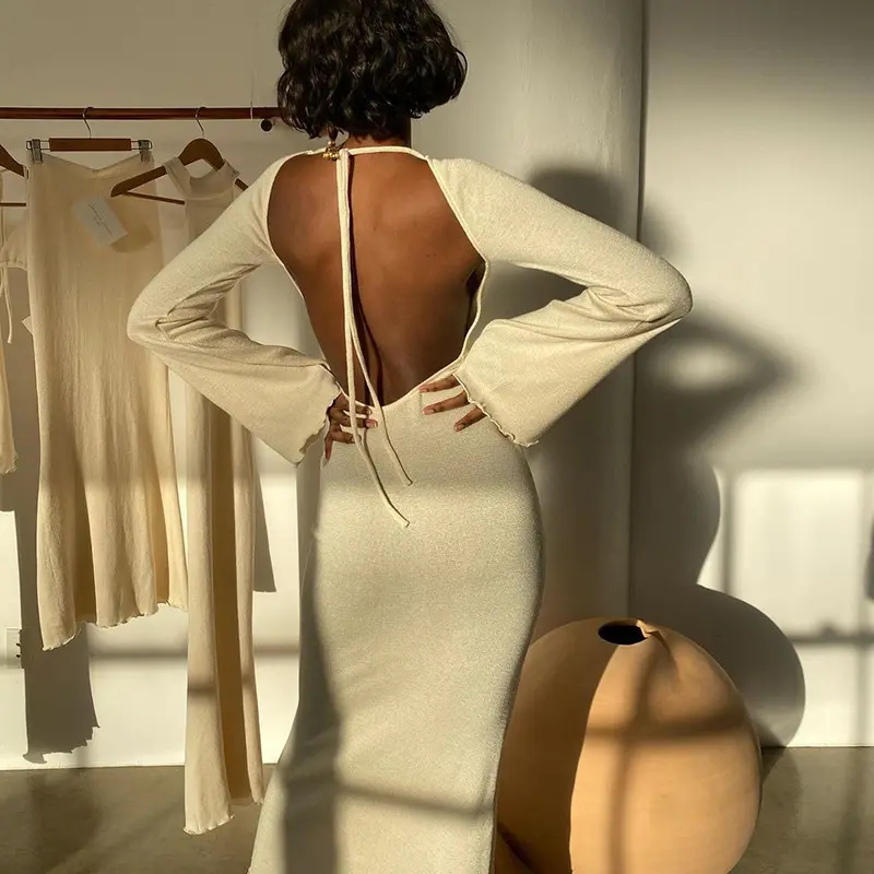 트렌드 제품 2021 새로운 도착 여성 의류 솔리드 o-넥 Backless 긴 소매 미디 캐주얼 드레스