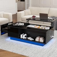Table basse moderne à plateau relevable avec éclairage LED Tiroir de rangement caché en bois brillant Étagères ouvertes Table centrale multifonctionnelle pour