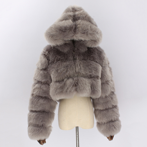 Manteau en fausse fourrure à la mode pour femmes à la mode personnalisé <span class=keywords><strong>bleu</strong></span> femmes manteau de fourrure <span class=keywords><strong>court</strong></span> coloré à capuche col de fourrure manteau uni - Product Image 5