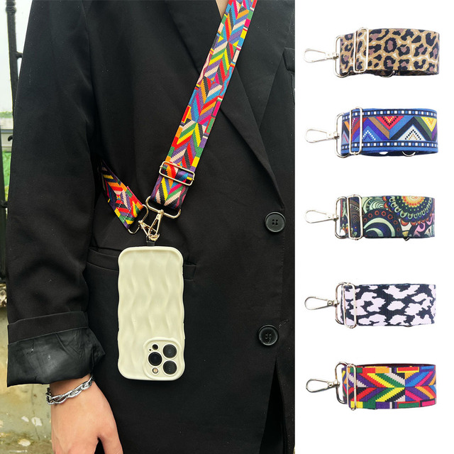 Leopard Print Bohemian Nylon Polyester Lanyard Adjustable Shoulder Crossbody Mobile Phone Strap with Necklace Patch