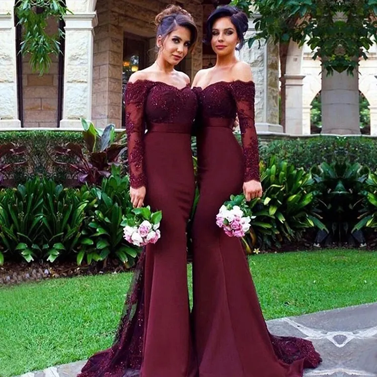 ZISE Wholesale Wedding Off Shoulder Lace Applique Prom Dress Mermaid Turquoise Wine Red Long Bridesmaid Dresses With Long Sleeve