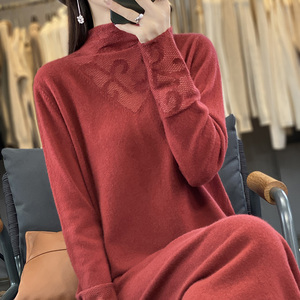 Váy len cashmere cao cổ nửa cổ dành cho nữ mùa thu đông Áo len dài khoét rỗng Váy thẳng Váy dệt kim dáng rộng giảm béo - Product Image 5