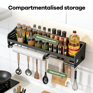 Étagère murale en acier au carbone <span class=keywords><strong>pour</strong></span> <span class=keywords><strong>ustensiles</strong></span> <span class=keywords><strong>de</strong></span> <span class=keywords><strong>cuisine</strong></span>, épices et condiments, support <span class=keywords><strong>de</strong></span> rangement <span class=keywords><strong>pour</strong></span> huile, sel, sauces, vinaigre avec crochets - Product Image 3